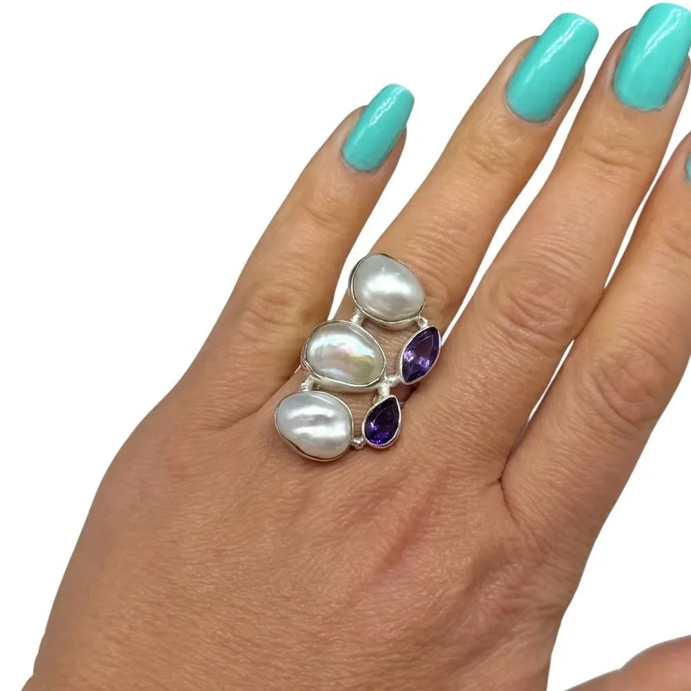 Genuine Pearl Amethyst Ring Size 8 Solid 925 Sterling Silver